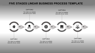 A grey themed 5 stage business process template with circular markers, each featuring an icon and caption area.