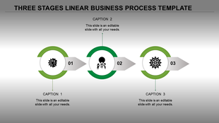 A green themed three stage business process template, featuring circular markers with gear icons and caption areas.