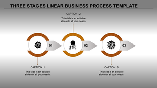 Blue linear business process with three steps, numbered 01 to 03, and placeholder text areas connected by arrows.