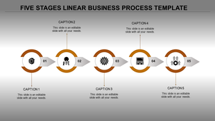 Four step linear process with yellow circular graphics and arrow connectors, labeled 01 to 04 with caption areas.