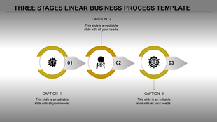Three step linear business process diagram with yellow circular elements, icons, and captions on a gradient background.