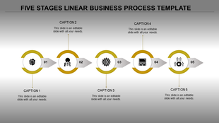 Four step linear process with red circular graphics and arrow connectors, labeled 01 to 04 with caption areas.