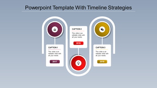 A timeline PPT slide featuring three stages with years 2017 to 2019, accompanied by colorful icons and captions.
