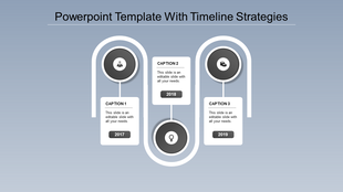 A timeline PPT template showing a strategic flow from 2017 to 2019, with captions and grey color icons for key milestones.