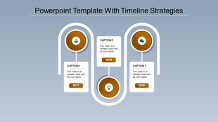 Minimalist timeline infographic template with blue circular icons for 2017, 2018, and 2019 connected by curved lines.