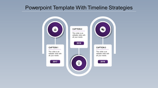 Timeline slide with three milestones, purple circular icons, and captions from 2017 to 2019 on a blue gradient background.