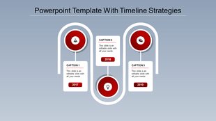 Timeline design with curved connectors, featuring three red circular highlights, and caption boxes spanning 2017 to 2019.