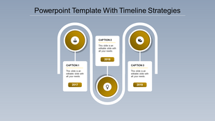 Three-step timeline with curved connectors, featuring years 2017, 2018, and 2019, each with icon and caption areas.