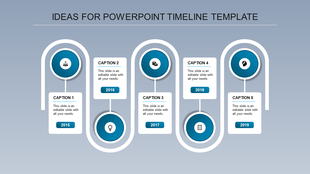 Five step timeline with circular icons in red, gold, green, blue, and maroon linked to captions and years.