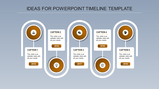 Curved timeline layout with five orange circular icons connected to white rectangular captions on a gradient blue background.