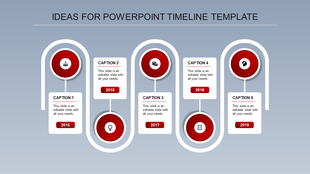 Business timeline with curved connectors, red circular markers, and caption boxes spanning 2015 to 2019.