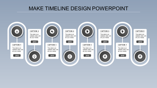 Blue circular timeline template infographic with eight milestones, icons, and corresponding captions from 2012 to 2019.