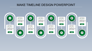 A sleek timeline PPT slide featuring eight stages from 2012 to 2019, each with a green circular icon and a caption.