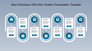 A professional timeline PPT slide featuring seven stages from 2013 to 2019, each marked by a blue circular icon with captions.