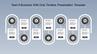 Vertical timeline with curved white paths, gray circular highlights, and event descriptions from 2013 to 2019.