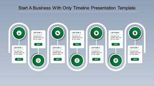 Business timeline with curved design, green milestone icons, and structured captions from 2013 to 2019.