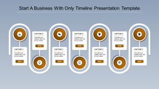 A timeline PPT slide featuring seven stages from 2013 to 2019, each marked by an orange circular icon with captions.