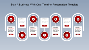 Gray circular timeline slide infographic with eight milestones, icons, and corresponding captions from 2012 to 2019.