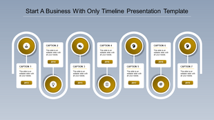 Red circular timeline slide infographic with seven milestones, icons, and corresponding captions from 2013 to 2019.