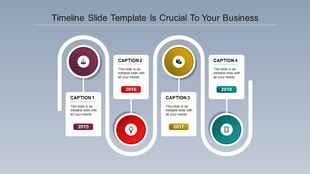 Curved timeline slide with brown, red, yellow and teal milestone icons, white caption boxes, and a blue gradient background.