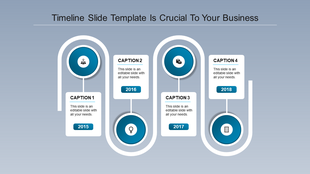 Business timeline with four blue circular markers, curved connectors, and caption boxes spanning 2015 to 2018.