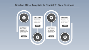 Infographic timeline template with green circular icons for 2015, 2016, 2017, and 2018 connected by curved lines.