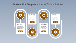 Curved timeline with orange milestone icons, white caption boxes, and key dates from 2015 to 2018 on a blue background.