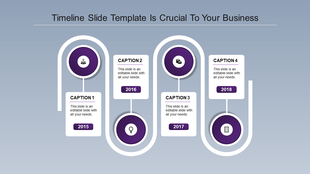 Curved timeline with four purple circular icons connected by white lines and rectangular text boxes on a blue background.