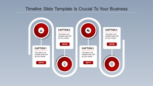 A timeline PowerPoint template with four stages for the years 2015 to 2018, with caption fields and red icons.