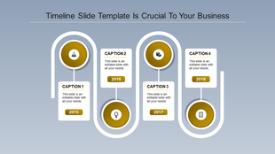 A timeline PowerPoint template with four stages for the years 2015 to 2018, with caption fields and yellow color icons.
