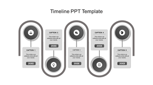 A sleek timeline PPT slide with five stages, each represented by grey circular icons and corresponding placeholder text.
