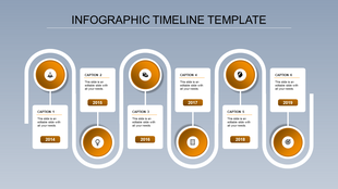 Six orange circular markers linked to white text boxes in a curved timeline layout, displayed on a gray background.