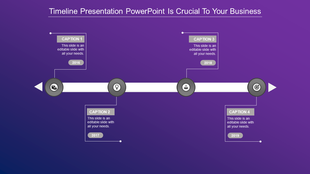 Blue themed horizontal timeline with circular icons and caption boxes above and below the central line.