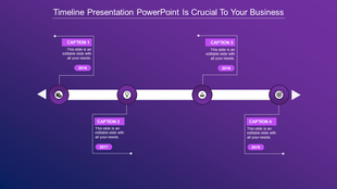 A timeline PPT slide with captions for each milestone from 2016 to 2019, highlighted with icons on a purple backdrop.