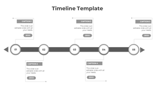 Grayscale horizontal timeline with five numbered milestones, caption boxes, and arrows showing sequential events.