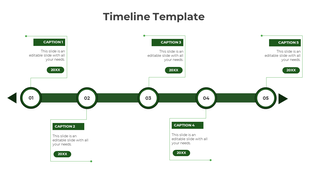 Green themed timeline with circular milestone markers, caption boxes, and structured steps from 01 to 05.