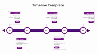 Red horizontal timeline with circular nodes numbered 01 to 05 and linked captions areas for each stage.