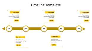 A five stage timeline PowerPoint template with yellow colored circles, each containing a caption on a white backdrop.