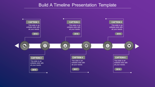 A timeline slide with six stages, ranging from 2014 to 2019, each containing captions and grey icons on a purple backdrop.