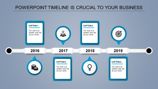 A timeline PPT template representing key milestones from 2016 to 2019 with blue color icons and caption boxes.