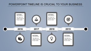 A timeline PPT template representing key milestones from 2016 to 2019 with gray color icons and caption boxes.