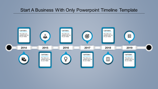 Timeline design with a blue theme, featuring six labeled milestones and caption boxes aligned along a central path.