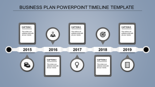 Horizontal timeline with blue circles and icons connected to captions for years 2015 to 2019 on a gray background.