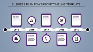 A business plan PowerPoint timeline template with milestones from 2015 to 2019, featuring purple icons and placeholder text.