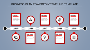 Horizontal timeline with years from 2015 to 2019, featuring red bordered text boxes and circular icons above and below.