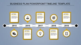 Business timeline from 2015 to 2019 with yellow highlights, milestone icons, and caption boxes on a blue background.