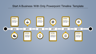 Timeline PPT template showcasing years 2014 to 2019 with yellow color captions boxes and icons for business milestones.