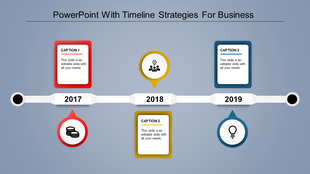 Business timeline from 2017 to 2019 with red, yellow, and blue highlights, featuring caption boxes and milestone icons.