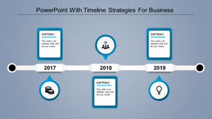 Horizontal timeline with milestones for 2017, 2018, and 2019, featuring blue icons and caption boxes, on a light backdrop.