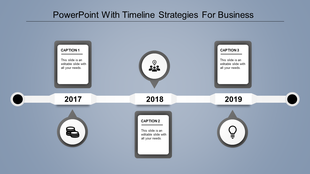 Business timeline infographic from 2017 to 2019 with gray circular icons, and caption boxes on a blue background.
